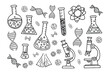 © FARHANA - Science Doodle: A black and white illustrative scene of essential scientific tools and elements arranged.