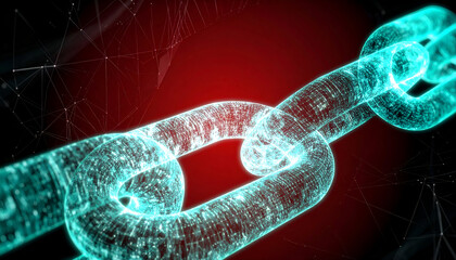 Glowing blockchain chain links together on a dark red background with network connections, symbolizing security and digital technology.