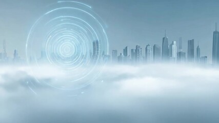 Wall Mural - a hazy cityscape partially obscured by fog, featuring a prominent, glowing circular digital overlay 