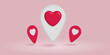 © 100yDesign - Three love-themed location pins of varying sizes on a soft pink background. The largest pin is white with a red heart, and the two smaller pins are red with a white heart. Art & Illustration.