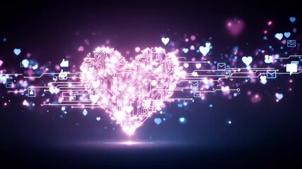 Wall Mural - glowing circuit board heart, social media icons and bokeh