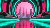Retro futuristic lounge with city view