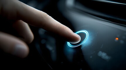 A finger presses a glowing touch screen button.
