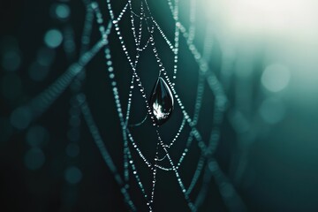 A delicate spiderweb glistens with dewdrops, one droplet hangs suspended, reflecting the surrounding world in its shimmering surface.