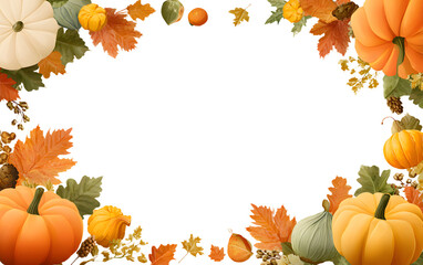Poster - Autumn leaves and pumpkins border frame with space text on transparent background. Seasonal floral maple oak tree orange leaves with gourds for thanksgiving holiday, harvest decoration vector design.