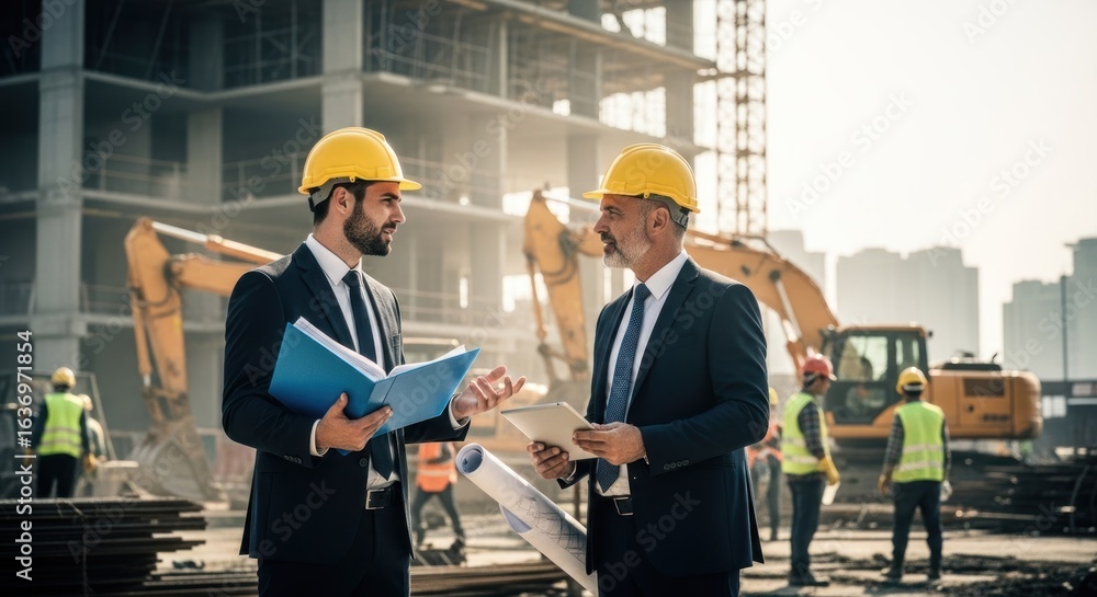 Two construction site managers discuss blueprints. Construction workers ...