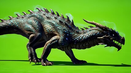 Majestic Blue Dragon Walking Isolated on Green Screen Background for Visual Effects A Low Angle Shot of Fantasy Creature CGI Monster with Isolated Background Animation Element Majestic Reptile Dragon