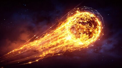 Wall Mural - fiery celestial body with network lines, trailing a blazing comet-like tail across a dark, starry ex