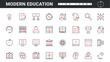 © lembergvector - Modern education technology thin red and black line icons set vector illustration. Abstract data science documents, computer, digital lessons and library with list of online books for students study