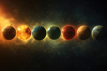 Wall Mural - A celestial lineup of planets, each glowing with its own unique energy, in a cosmic and starry backdrop, a celestial dance.
