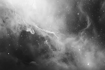 Wall Mural - A monochromatic image of a nebula in deep space, showcasing wispy clouds and countless stars in shades of gray and white.