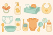 © BlaBla Car - Baby essentials flat icon set. pacifier, diaper, baby bottle, and more flat icons