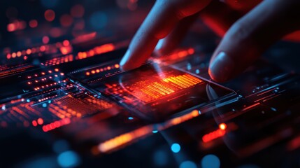 Wall Mural - Fingertip interacts with glowing data screen on circuit board; futuristic tech background; website banner