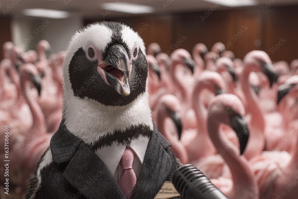 A penguin dressed in a formal suit stands confidently at a microphone, entertaining a crowd of pink flamingos. The setting resembles a large conference room filled with colorful birds.