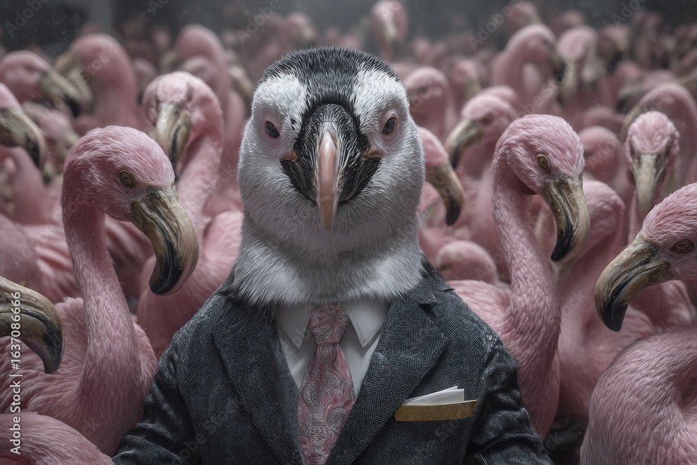 A penguin in a formal suit stands confidently among a large group of pink flamingos.