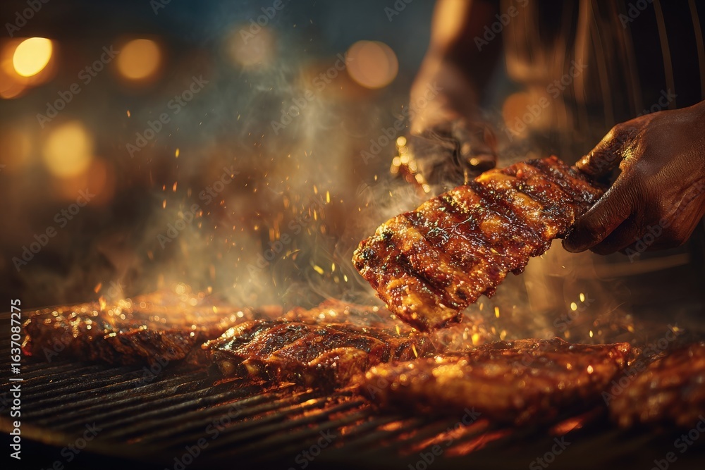 A person skillfully flips succulent barbecue ribs on a grill, surrounded by glowing embers and smoke. The warm light creates a vibrant, inviting atmosphere perfect for summer gatherings.