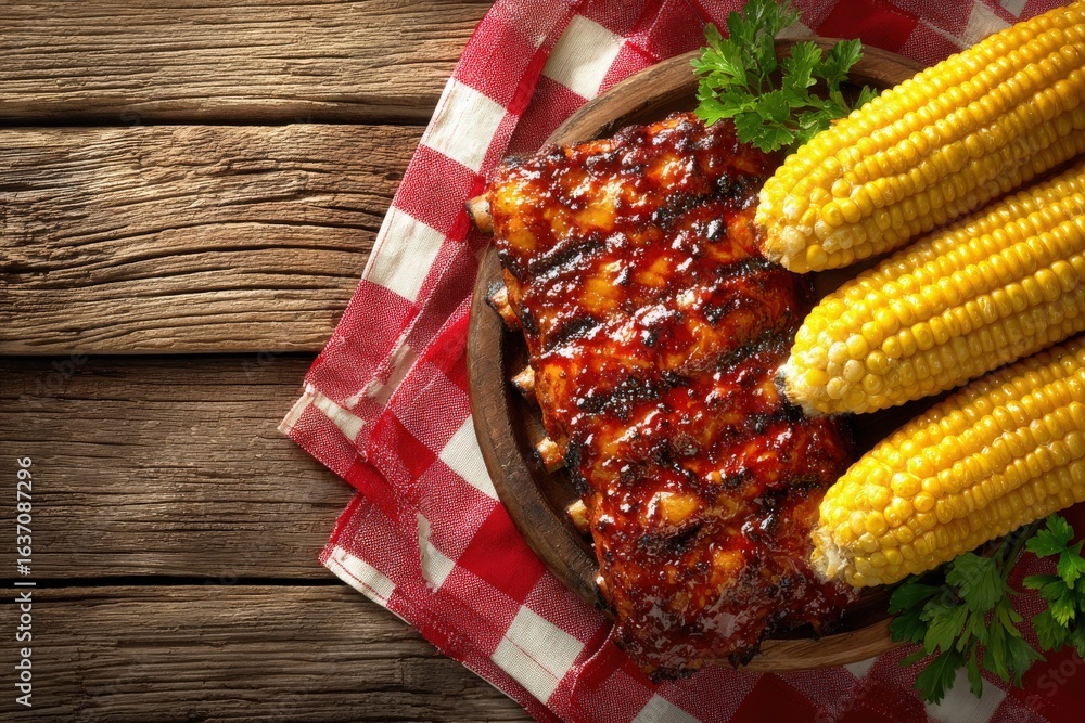 Succulent grilled ribs glazed with barbecue sauce accompanied by fresh sweet corn. The dish is presented on a rustic wooden table and garnished with parsley.