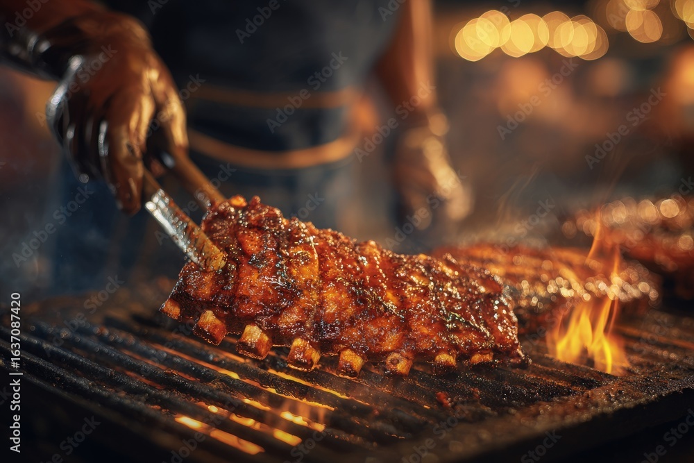 A chef carefully flips juicy, glazed ribs on a barbecue grill surrounded by flickering flames and ambient lights. The night is filled with delicious aromas and warmth from the fire.