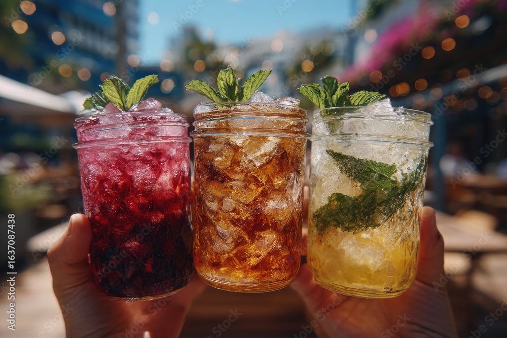 Three jars filled with vibrant drinks sit in front of a lively outdoor dining area. Bright sunlight enhances the colorful hues of the beverages, each adorned with fresh mint leaves.