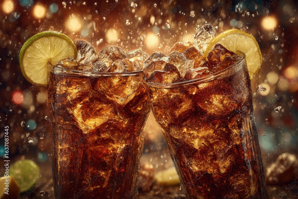 Two glasses filled with sparkling cola and ice sit on a wooden table, adorned with lime slices. Bubbles rise as droplets splash, creating a lively, celebratory vibe at twilight.