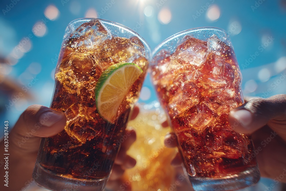 Friends raise glasses filled with iced beverages under a bright blue sky, enjoying a lively afternoon filled with laughter and conversation while celebrating together.