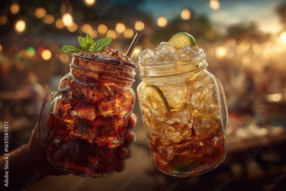 Two mason jars filled with refreshing drinks are held up at a festive outdoor event.