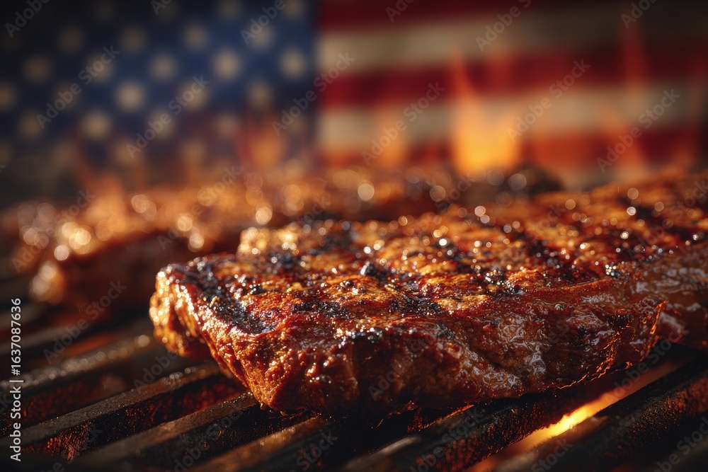 Flames dance around succulent grilled steak as it cooks on a barbecue grill. The background features an American flag, setting a festive, patriotic atmosphere suitable for outdoor gatherings.