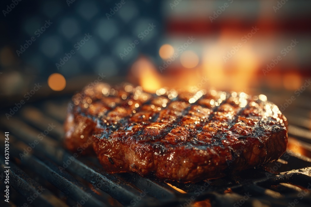 A juicy, grilled steak rests on a barbecue grill, showcasing perfect grill marks. In the background, a faded American flag adds to the festive atmosphere of a summer cookout.
