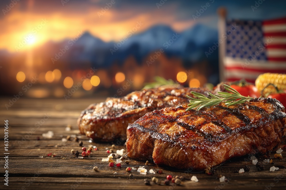 Juicy steaks garnished with rosemary are displayed on a rustic wooden surface. The warm sunset creates a glowing backdrop, enhancing the savory appeal of the dish.
