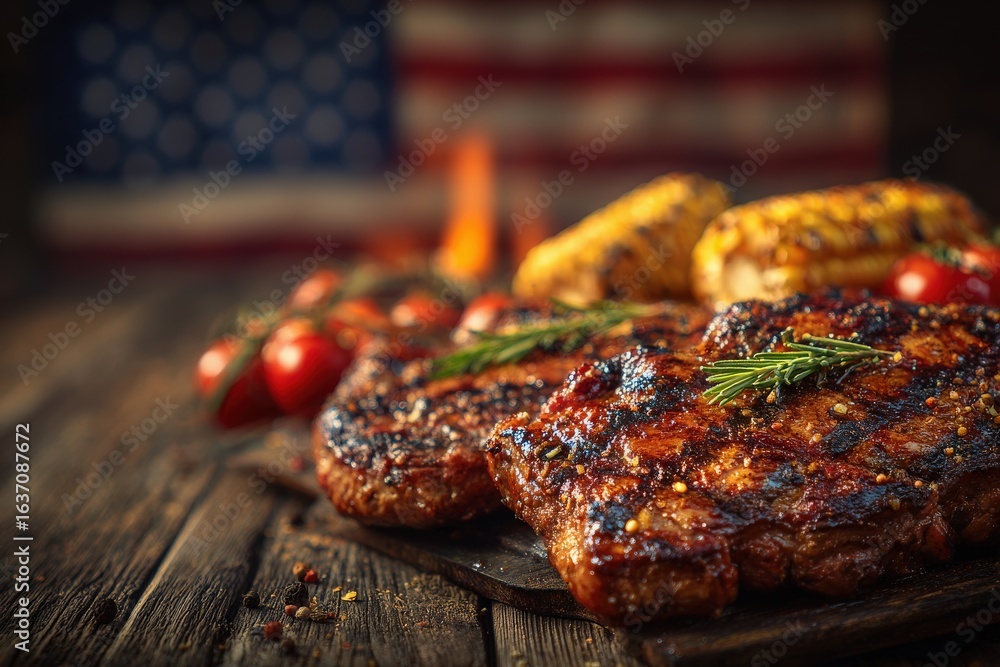Juicy grilled steaks are arranged on a rustic wooden surface, accompanied by sweet corn and ripe tomatoes, with an American flag subtly displayed in the background, suggesting a summer barbecue.
