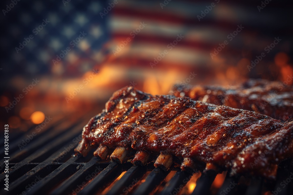 Juicy barbecue ribs sizzle on a hot grill, while flames dance in the background. An American flag adds a festive touch, making it perfect for a summer cookout celebration with friends and family.
