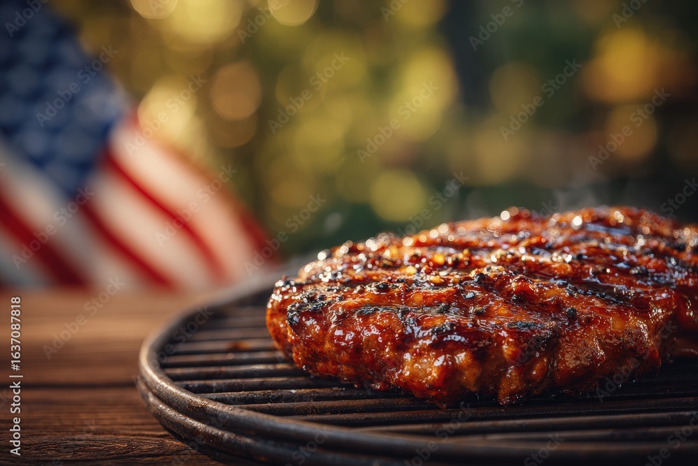 A juicy piece of grilled meat rests on a barbecue grill, releasing steam. An American flag unfurls softly in the background, setting a festive summer atmosphere.
