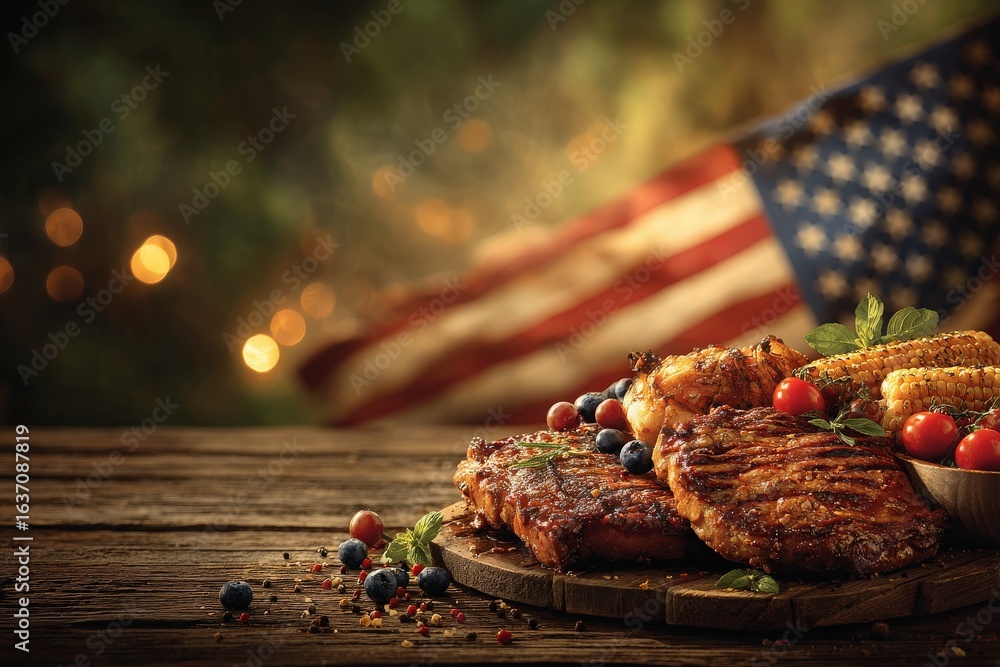 Succulent grilled steaks, corn on the cob, and vibrant cherry tomatoes rest on a wooden board. An American flag softly drapes in the background, suggesting a festive summer cookout atmosphere.