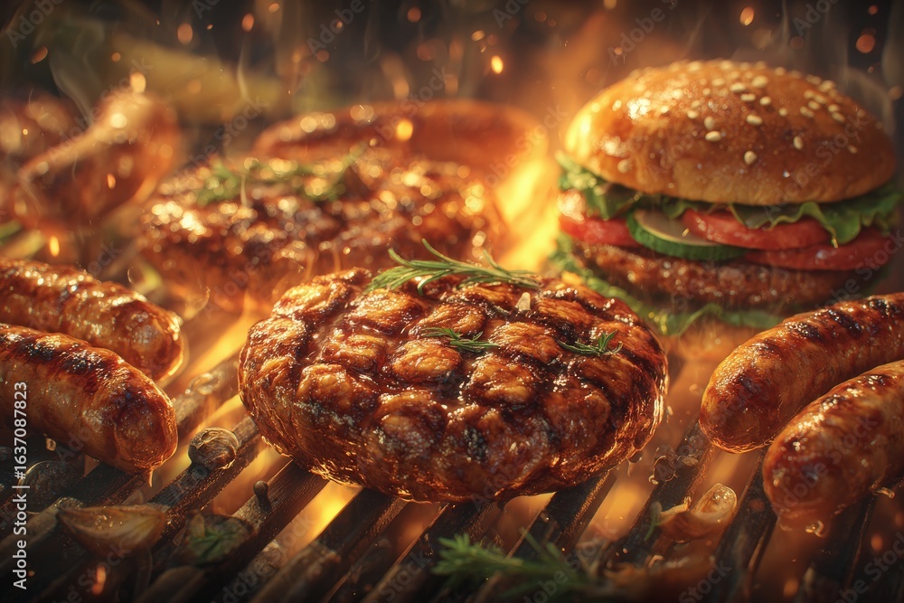 Savory burgers and sausages sizzle on a grill, surrounded by lively flames. Fresh ingredients enhance the flavor for a perfect summer cookout experience.