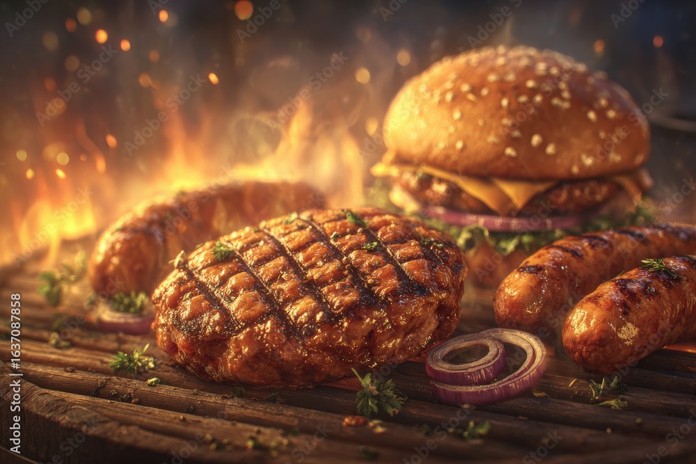 Juicy steaks, sausages, and a cheeseburger sit on a wooden grill surrounded by vibrant flames. Fresh onions and herbs add flavor in this outdoor summer cookout scene.