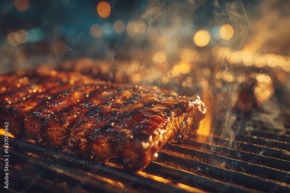 Juicy ribs are sizzling on a grill, surrounded by smoke and warm light from the flames. This summer evening barbecue captures the essence of outdoor cooking and camaraderie.