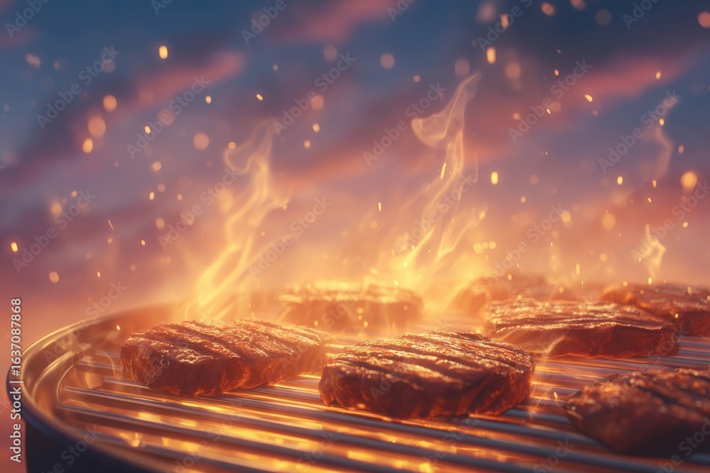 Juicy steaks sizzle on a grill, surrounded by dancing flames and smoke, as the sun sets. The warm colors create a vibrant atmosphere perfect for a summer gathering.