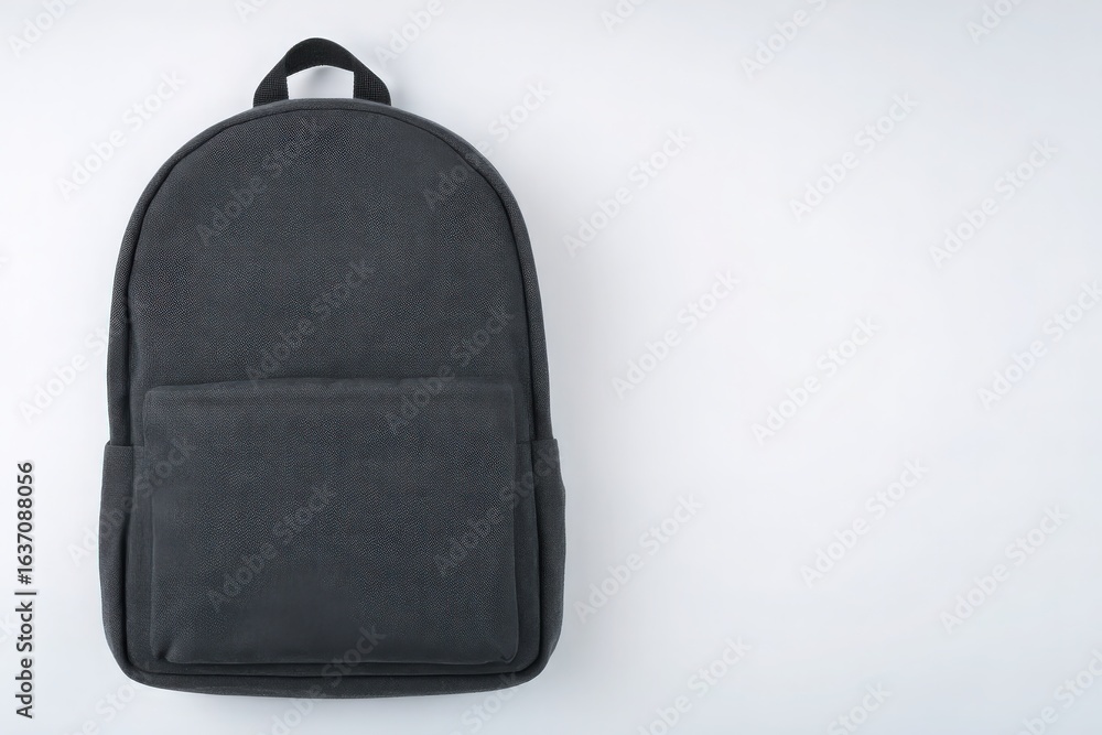 A sleek black backpack features a rounded shape and a front pocket. It rests on a clean, light-colored surface, showcasing its modern and minimalist style. Ideal for everyday use.