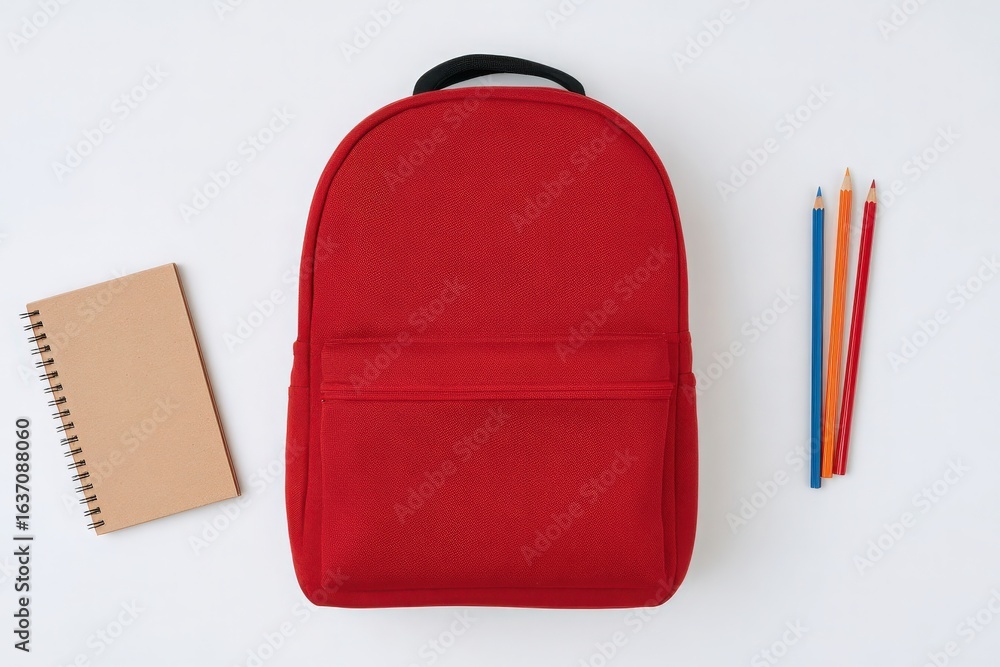 A bright red backpack is positioned next to a spiral notebook and colorful pencils on a clean white surface. This setup showcases essential school supplies in a simple layout.