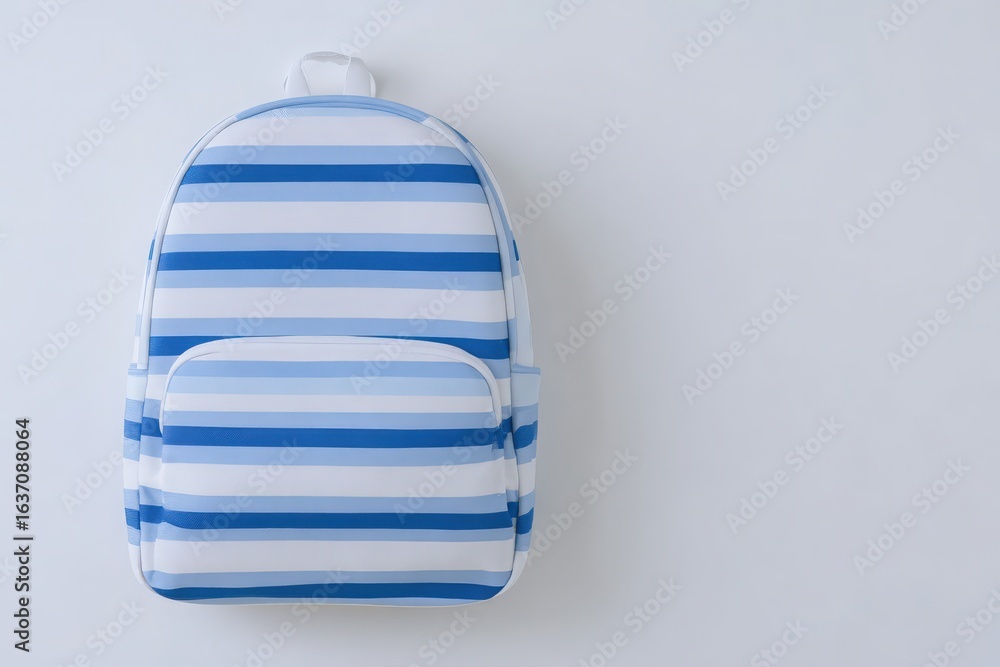 A blue and white striped backpack is placed against a plain background, showcasing its spacious main compartment and front pocket, perfect for school supplies or travel essentials.
