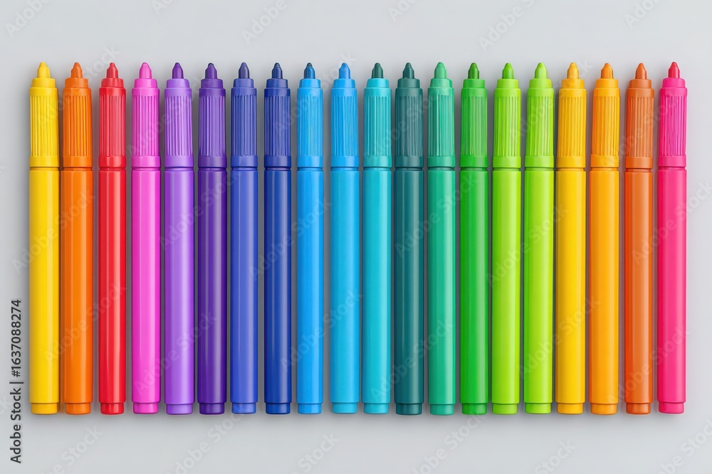 A collection of bright markers in shades of rainbow colors are lined up neatly. The vivid hues transition from pink to orange, yellow, green, and blue. The background is simple and neutral.