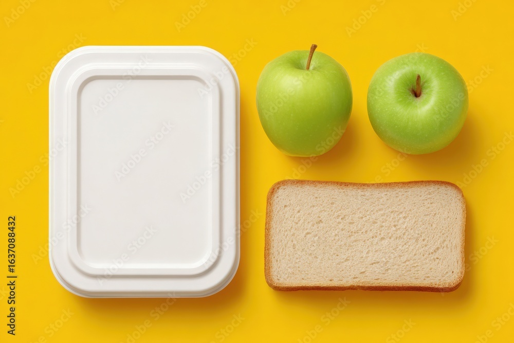 Two green apples sit adjacent to a slice of bread, with a plain takeout container positioned nearby. The vibrant yellow background enhances the fresh appearance of the food items.
