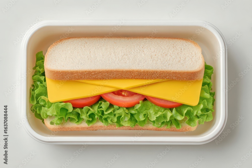 A sandwich is prepared with layers of fresh lettuce, ripe tomato slices, and cheese placed on soft bread. It is neatly arranged in a container, ready for a meal.