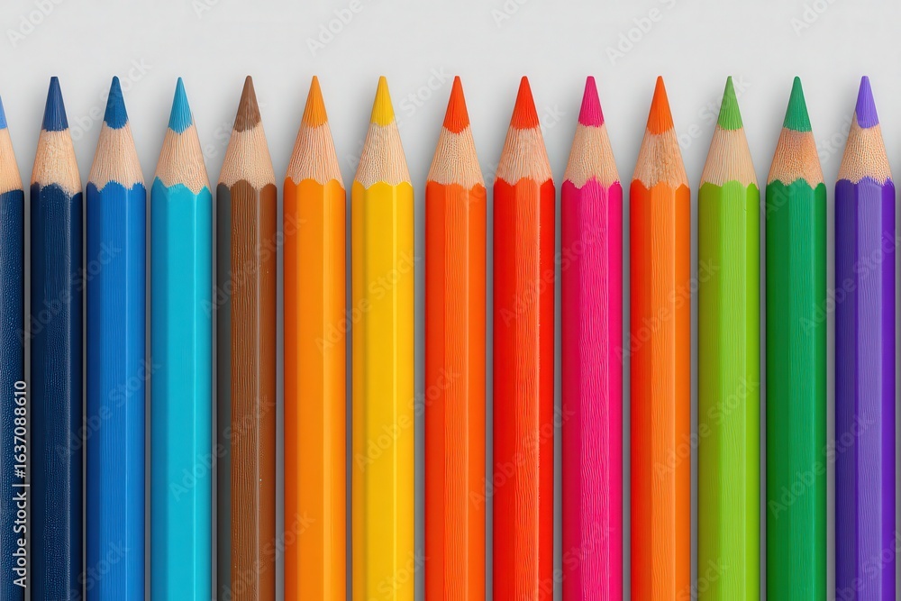 A variety of sharpened colored pencils are neatly lined up in a row.