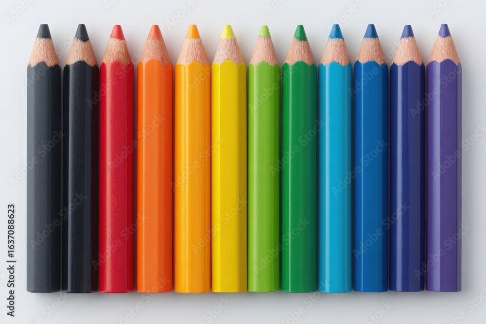 A collection of twelve colored pencils displayed in a straight line shows vivid shades ranging from black to blue. The colors pop against a clean, white background, inviting creativity.