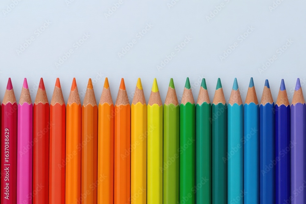 A variety of sharpened colored pencils sit neatly aligned, showcasing a brilliant spectrum from pink to blue. The vibrant colors create an eye-catching display against a light backdrop.