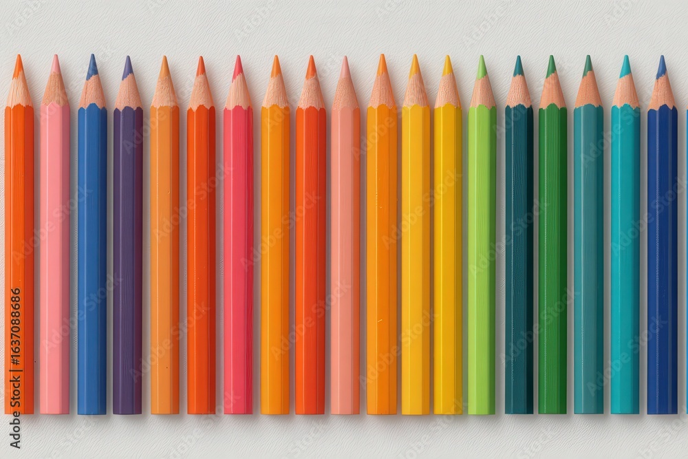 A vibrant collection of colored pencils is carefully lined up in a neat order.