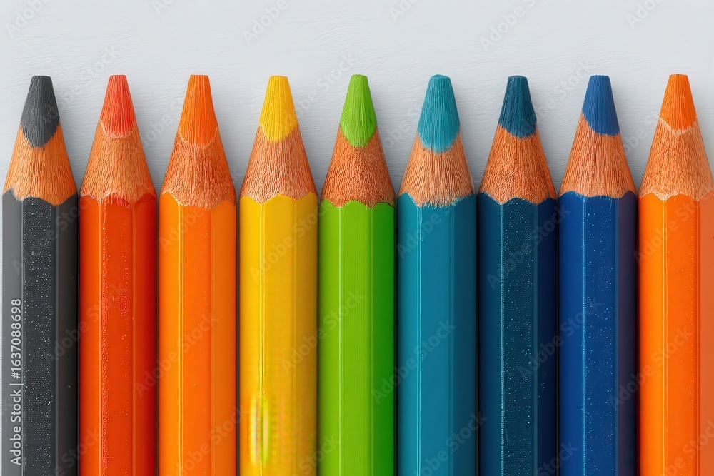 A collection of colored pencils neatly aligned on a light surface, displaying a gradient from black to green, highlighting bold colors such as orange and yellow.