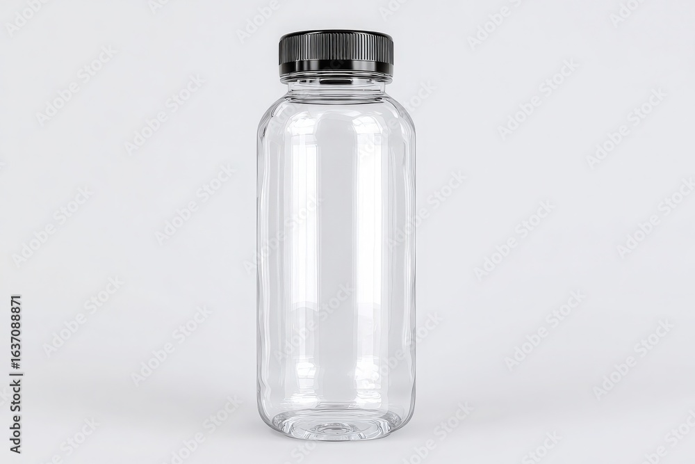 The clear glass bottle stands upright against a plain background. It features a sleek design and a secure black lid, ideal for storing beverages or other liquids in a stylish manner.