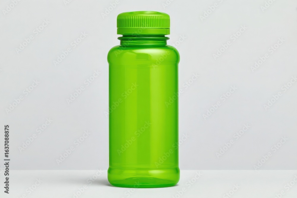 A bright green plastic water bottle stands upright against a neutral background. Its simple design emphasizes practicality, making it perfect for outdoor activities, sports, or daily hydration.